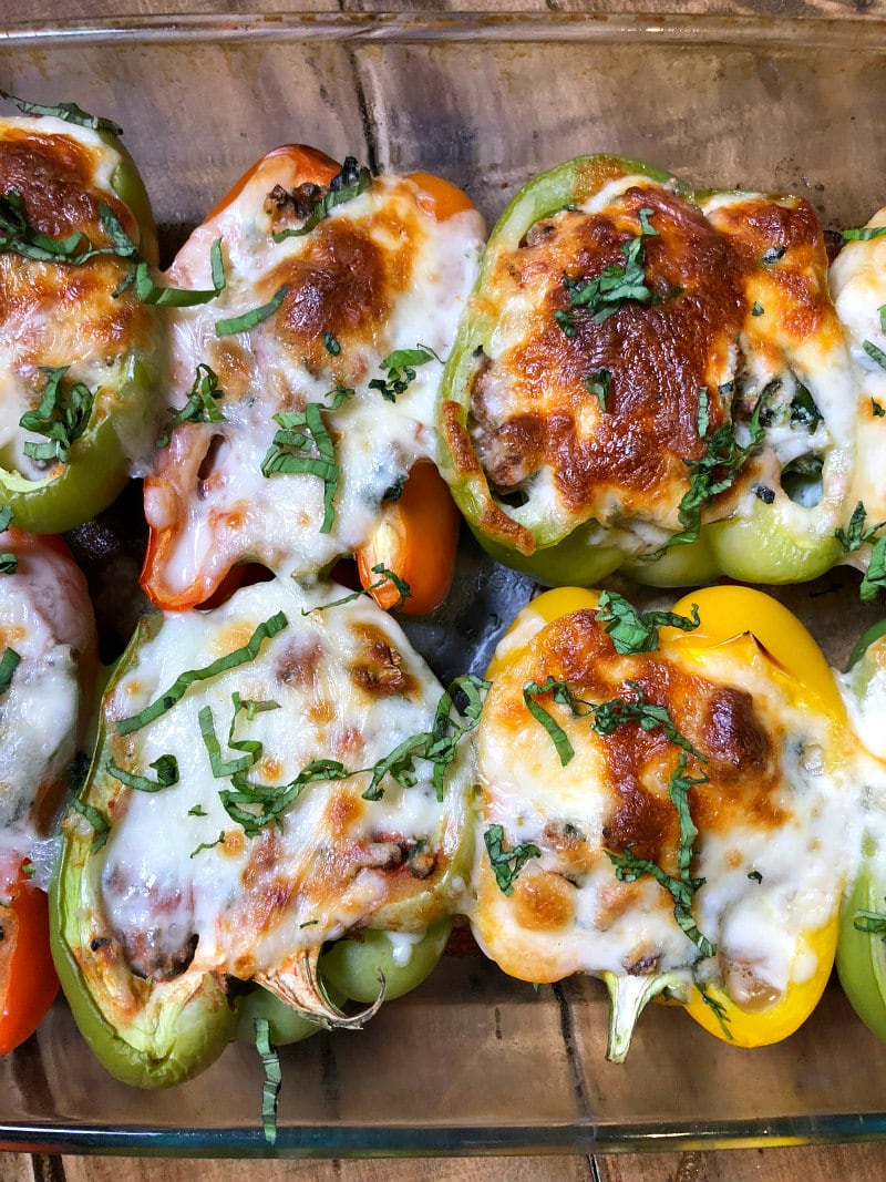 Lasagna Stuffed Peppers recipe from RecipeGirl.com #lasagna #stuffed #bell #peppers #recipe #lowcarb #keto #RecipeGirl #glutenfree Lasagna Stuffed Peppers