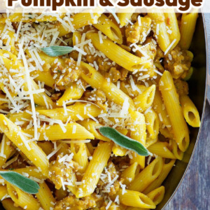 pinterest image for pasta with pumpkin and sausage