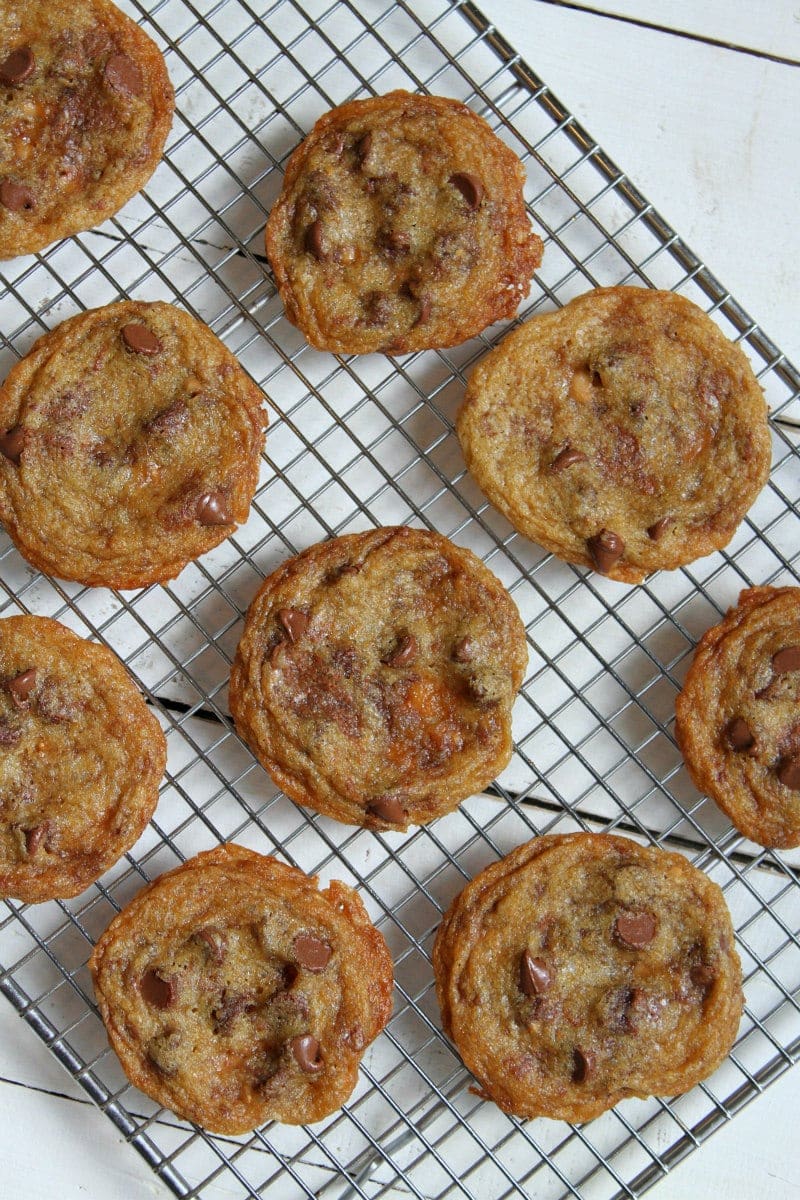 Soft and Chewy Chocolate Chip Cookies on a cooling rack