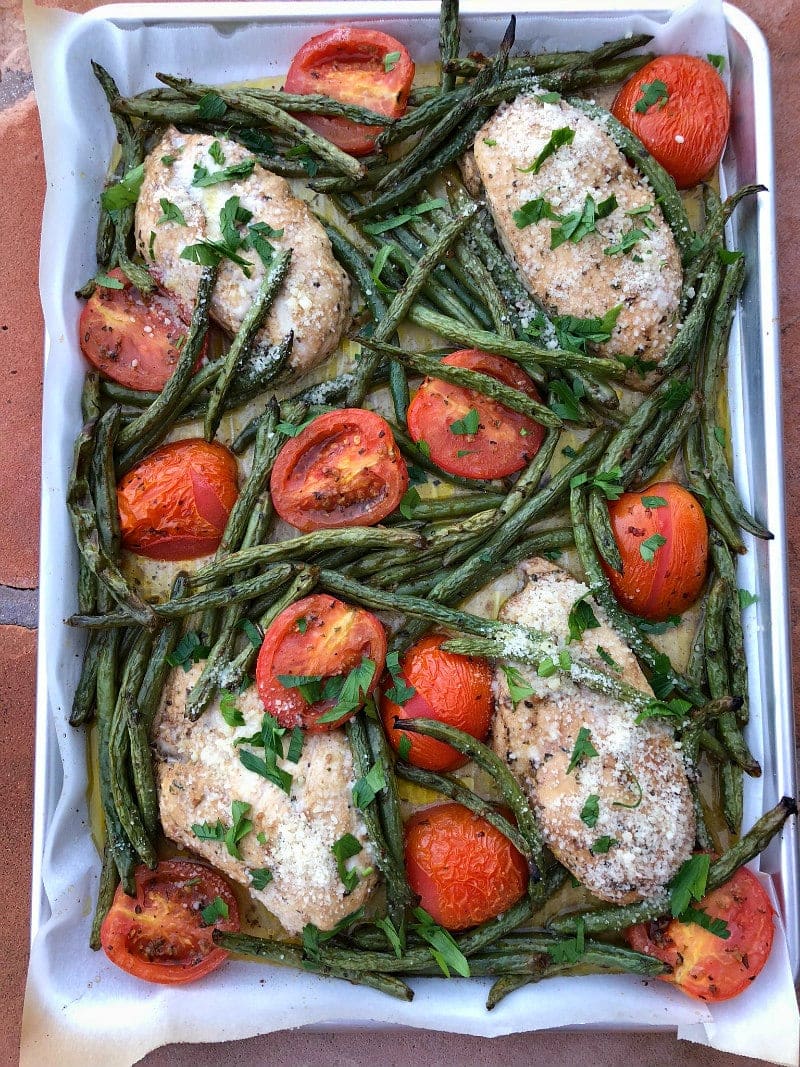 Tuscan Chicken Sheet Pan Dinner recipe from RecipeGirl.com #tuscan #chicken #sheetpan #dinner #recipe #easy #weeknight #RecipeGirl #pioneerwoman Tuscan Chicken Sheet Pan Dinner