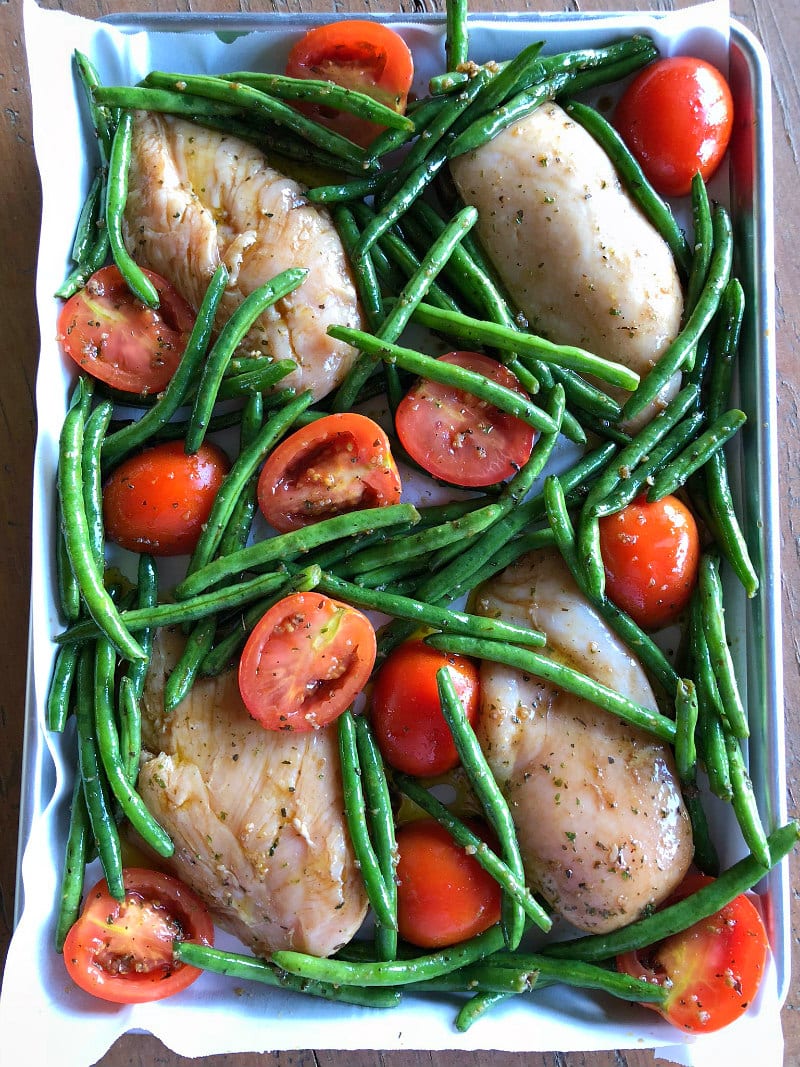 Tuscan Chicken Sheet Pan Dinner ready for the oven