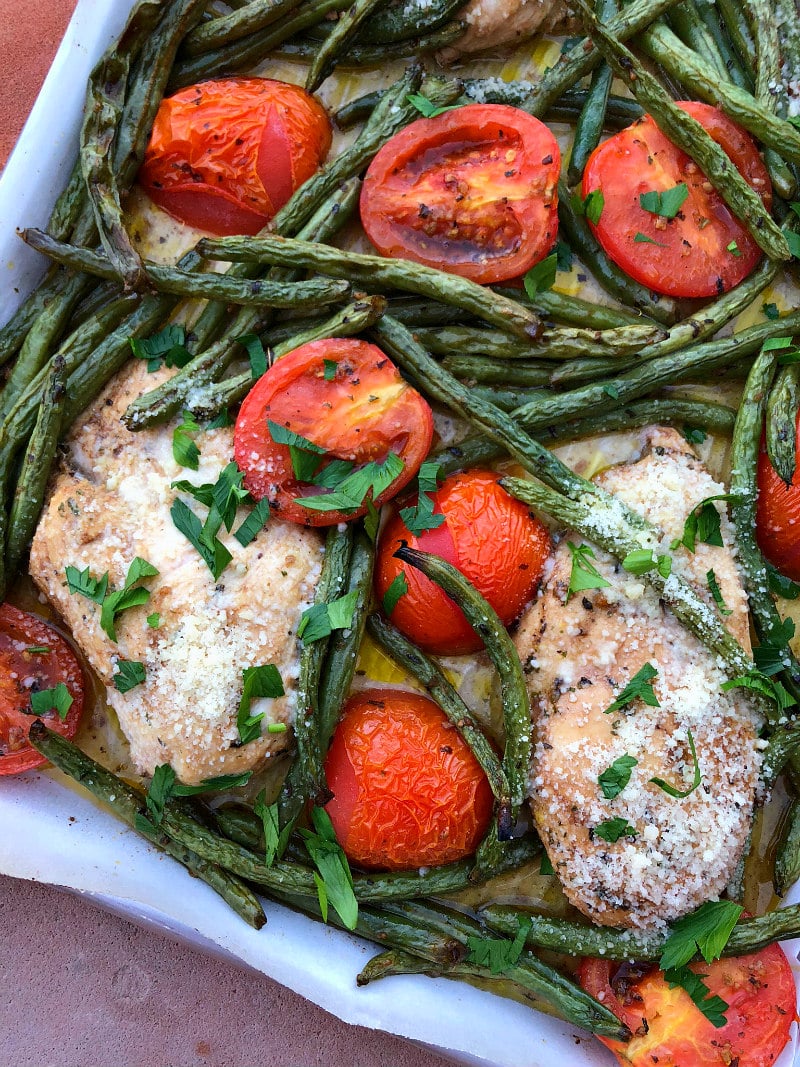 Tuscan Chicken Sheet Pan Dinner just out of the oven