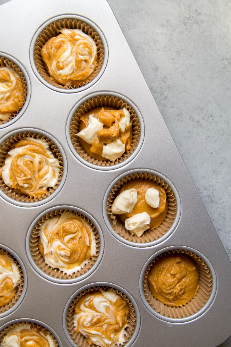 Pumpkin Cream Cheese Muffins in the muffin pan