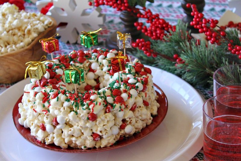 Holiday Marshmallow Popcorn Cake