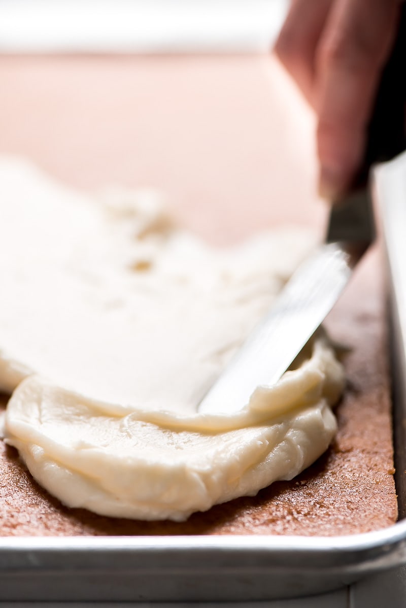 Pumpkin Sheet Cake topped with cream cheese frosting