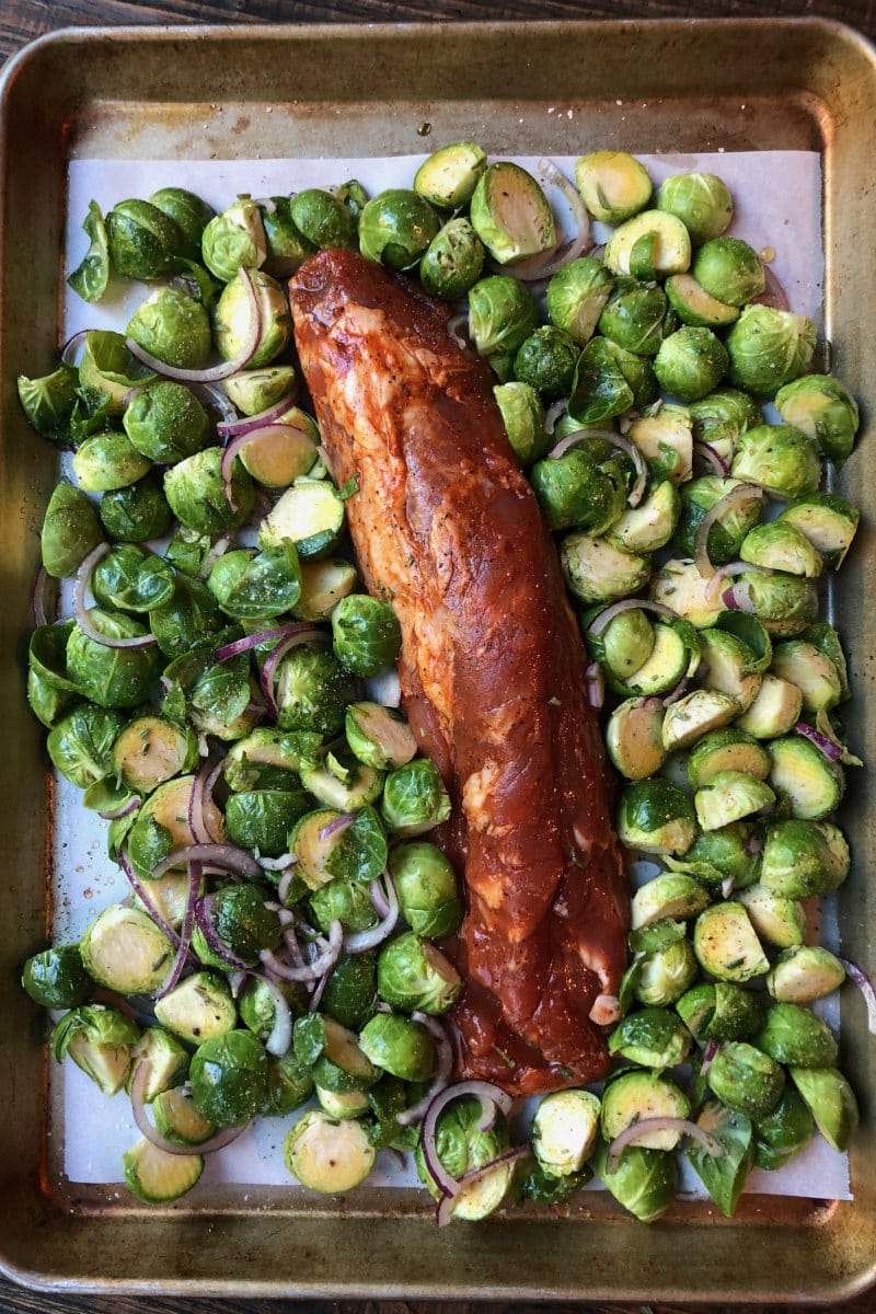 Sheet Pan Pork Tenderloin with Maple Rosemary Brussels Sprouts ready for the oven