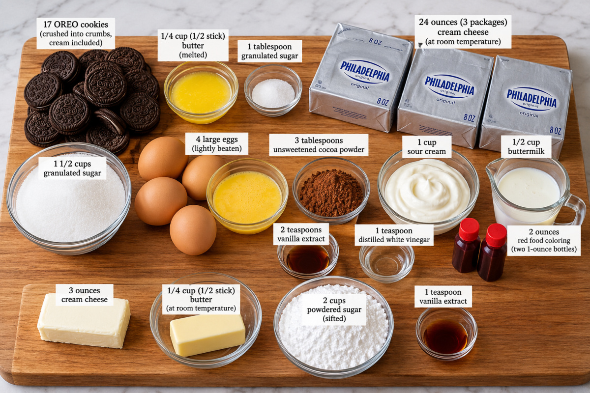 This gorgeous Red Velvet Cheesecake has a creamy red velvet filling, chocolate Oreo crust and rich cream cheese frosting. It's an impressive make-ahead dessert for Christmas, Valentine's Day, holidays and special occasions. red velvet cheesecake ingredients displayed on a cutting board