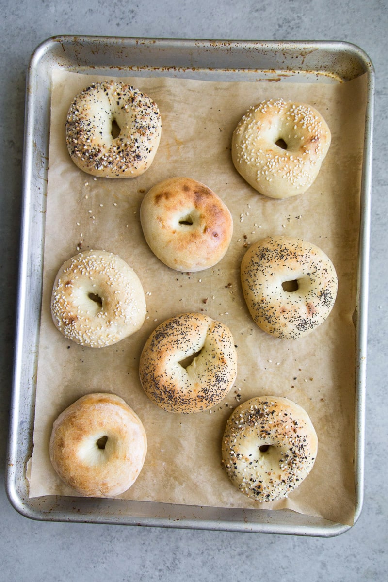 overhead shot of 2 Ingredient Bagels on a baking sheet just out of the oven