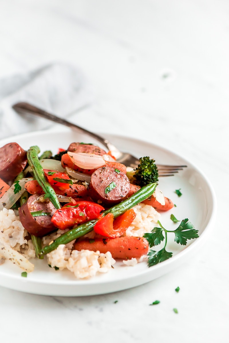 Serving of Sheet Pan Roasted Veggies and Sausage