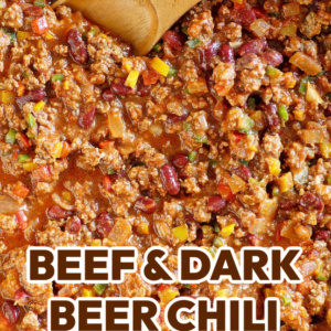 pinterest image for beef and dark beer chili