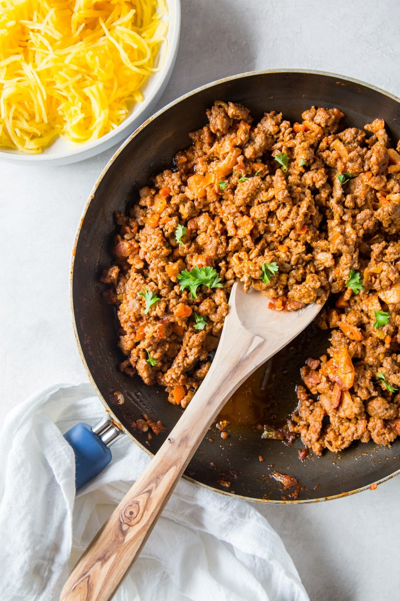 Paleo Spaghetti Squash Bolognese recipe from RecipeGirl.com #paleo #spaghetti #squash #spaghettisquash #bolognese #recipe #RecipeGirl Paleo Bolognese Sauce