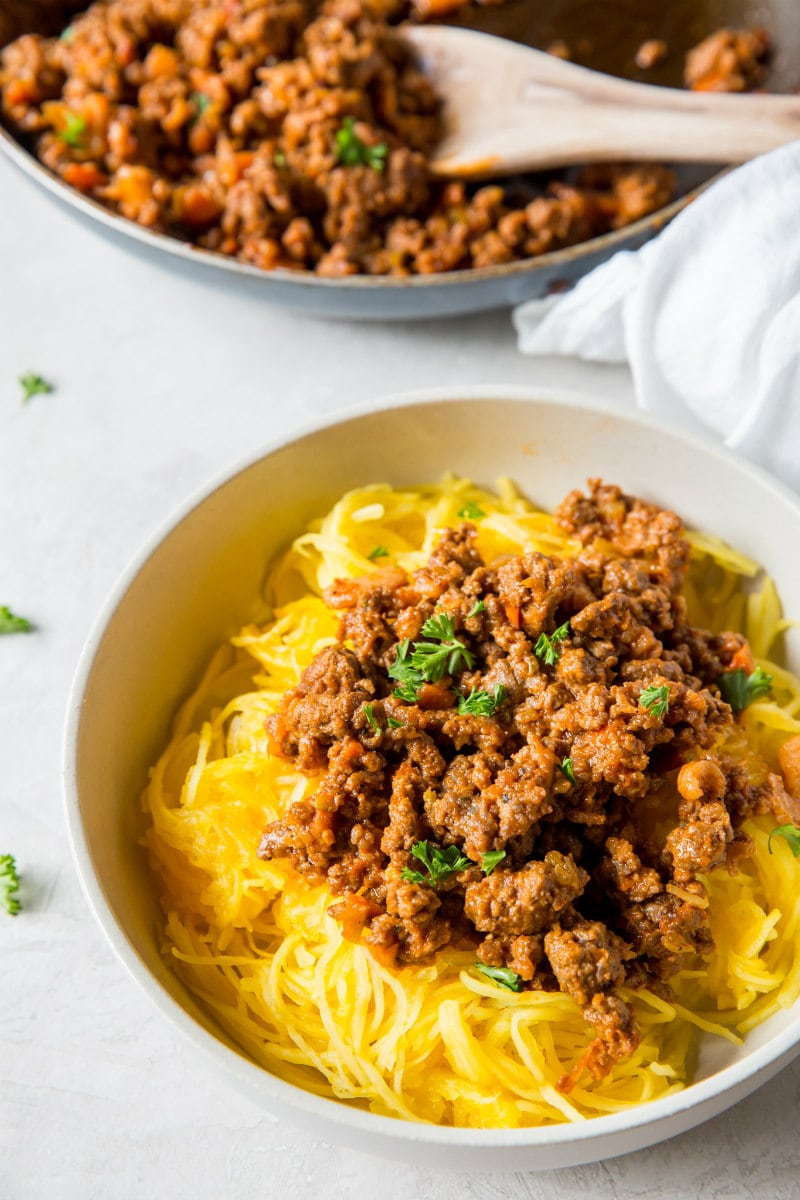 Paleo Spaghetti Squash Bolognese recipe from RecipeGirl.com #paleo #spaghetti #squash #spaghettisquash #bolognese #recipe #RecipeGirl Bowl of Paleo Spaghetti Squash Bolognese