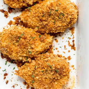 pinterest image for baked cornflake chicken