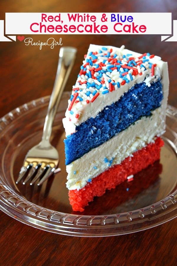 slice of red, white and blue cheesecake cake on a plastic plate with a silver fork