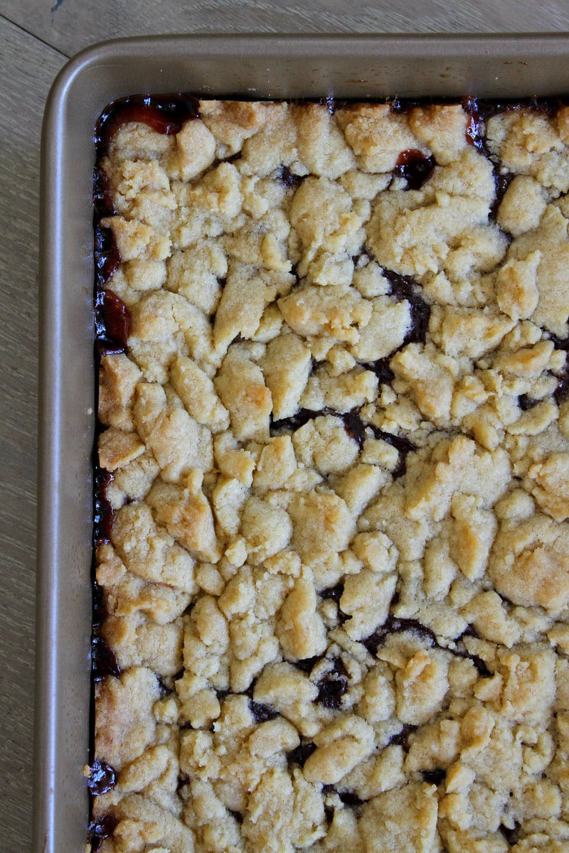 Strawberry Shortbread Bars just out of the oven and still in the pan