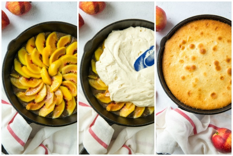 three photo process showing how to put peaches in cast iron skillet for peach upside down cake- peaches in pan, batter on top, and the baked cake