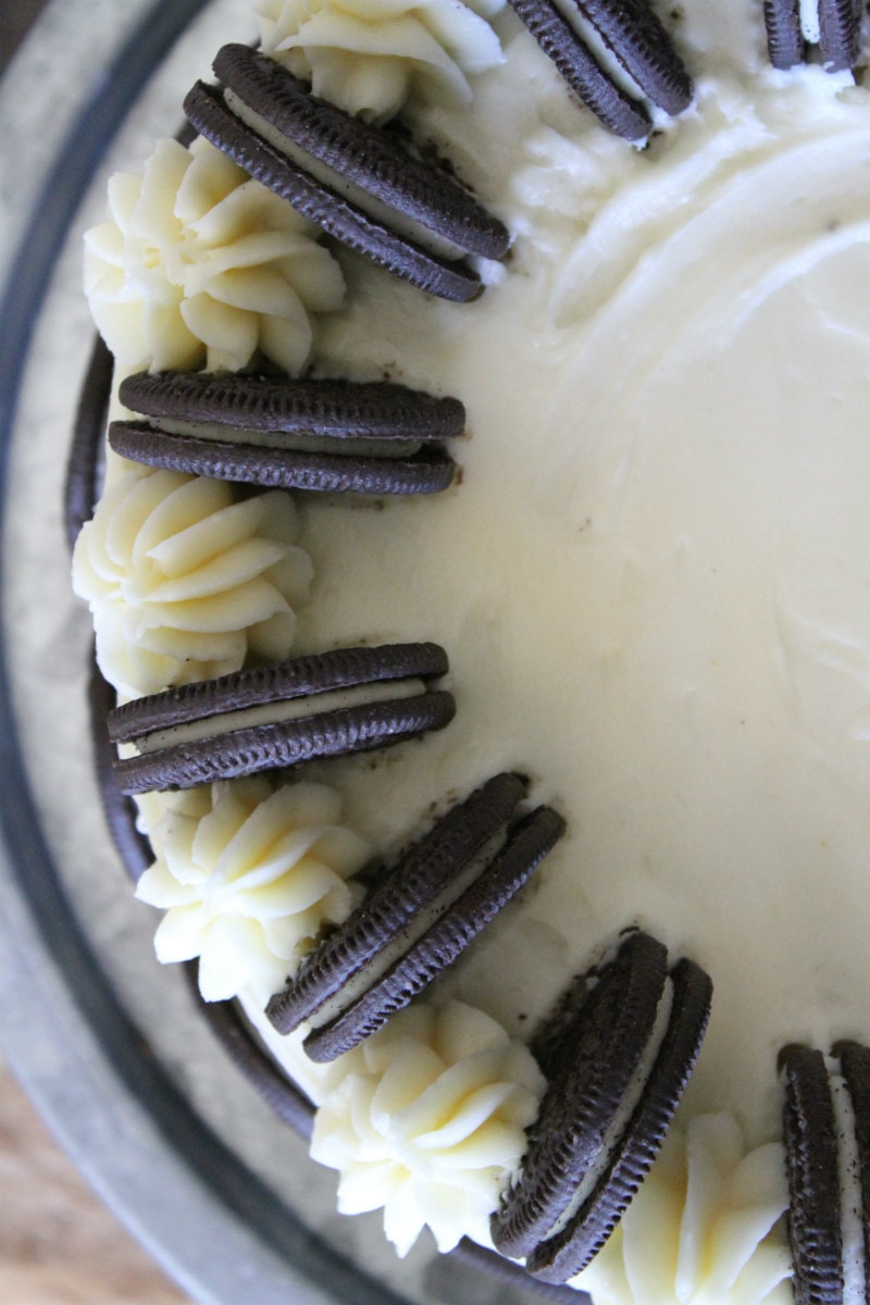 Overhead shot of Cookies and Cream Cheesecake Cake