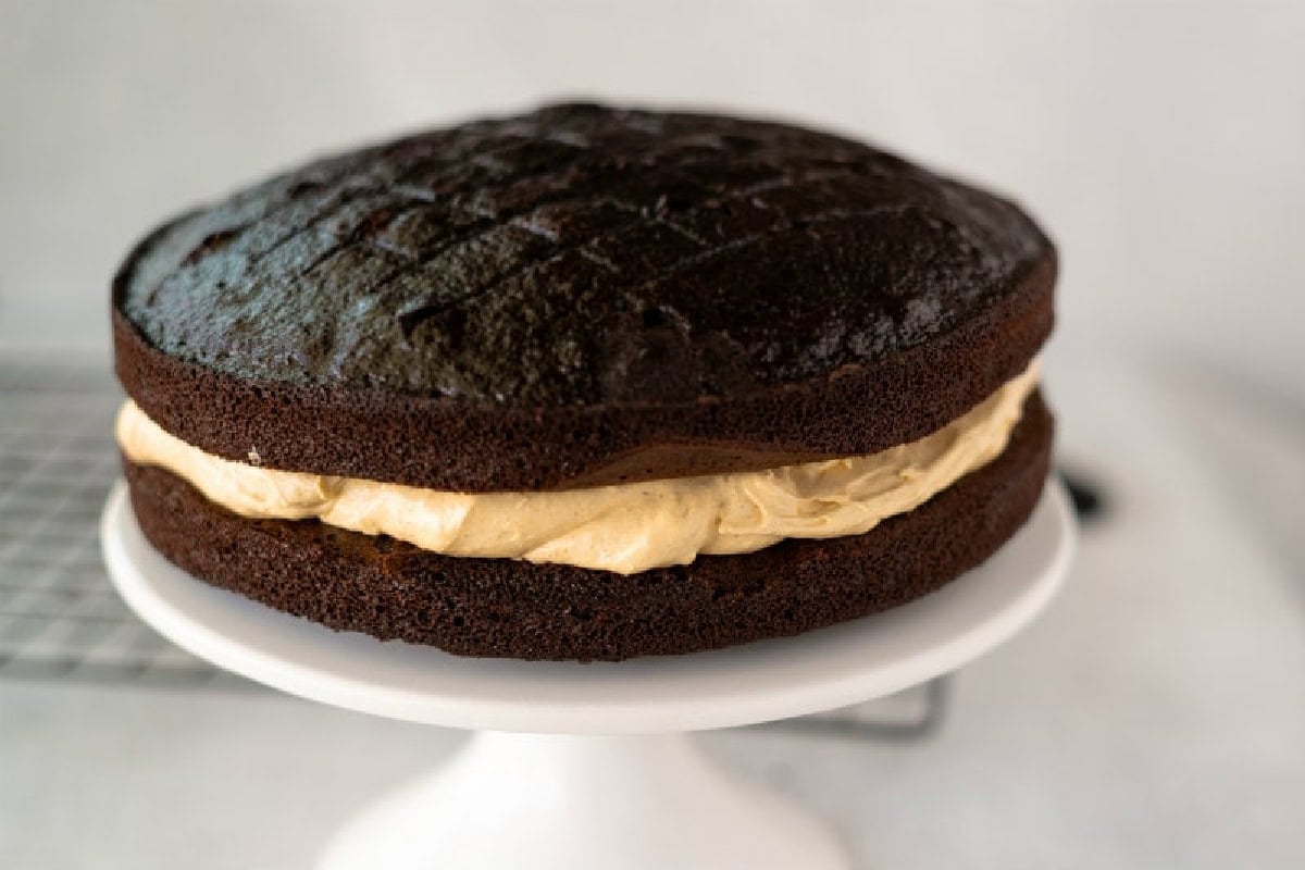 two layers of chocolate cake with a layer of pumpkin cream cheese filling in the middle