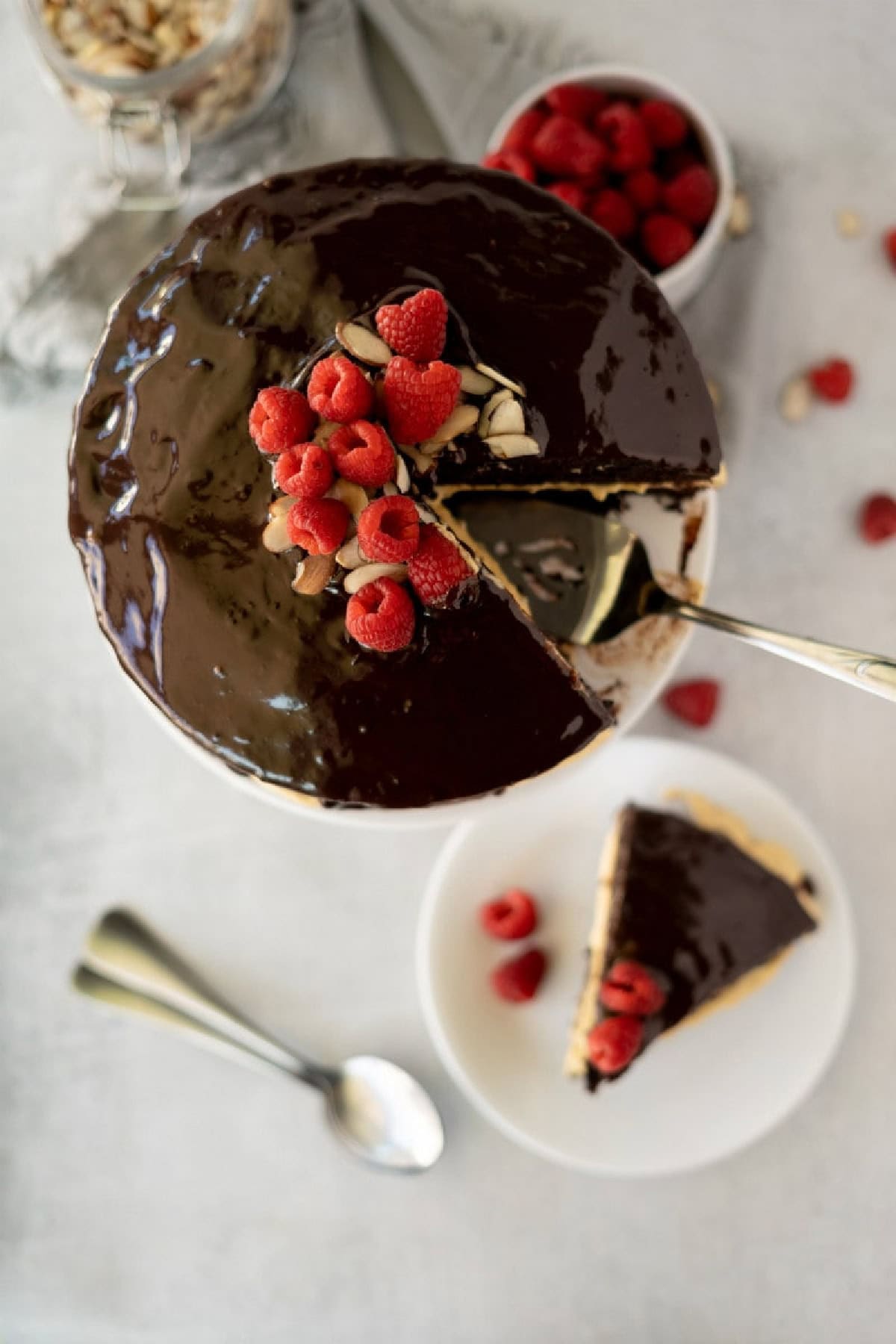overhead shot of cake with slice on plate too