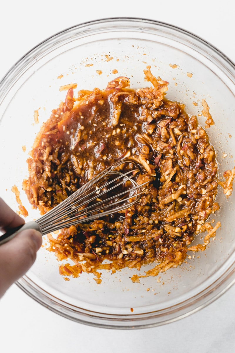 Bulgogi Beef Lettuce Wraps recipe from RecipeGirl.com #Bulgogi #korean #beef #lettuce #wraps #recipe #RecipeGirl sauce for bulgogi beef in a glass bowl