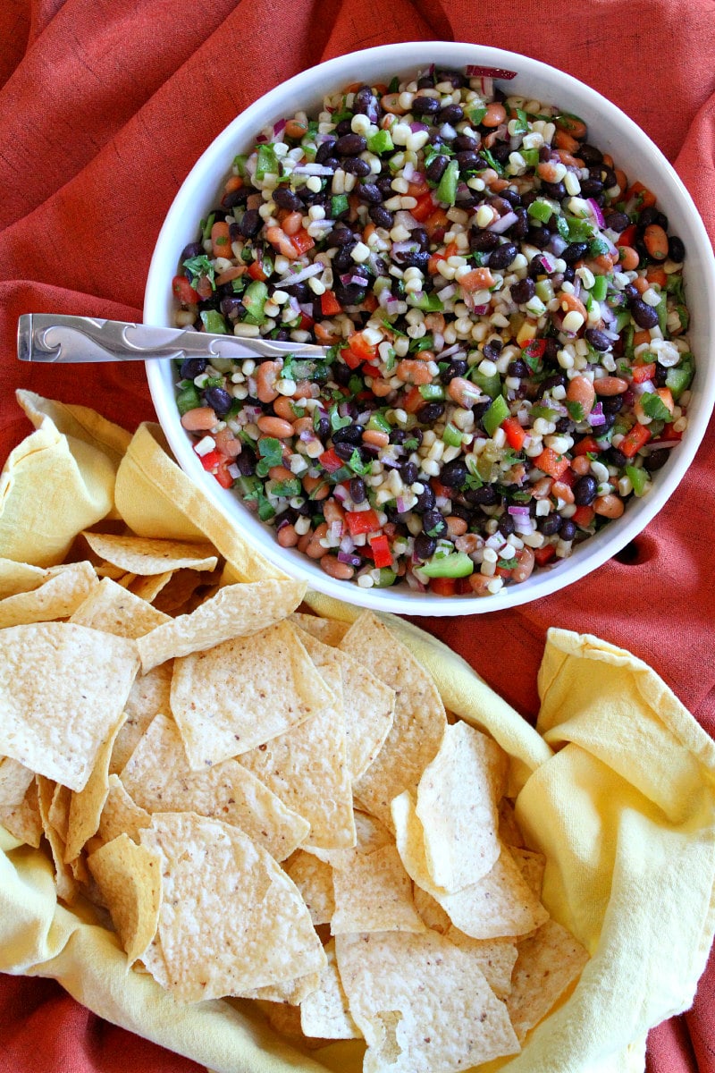 Bowl of Texas Caviar served with tortilla chips