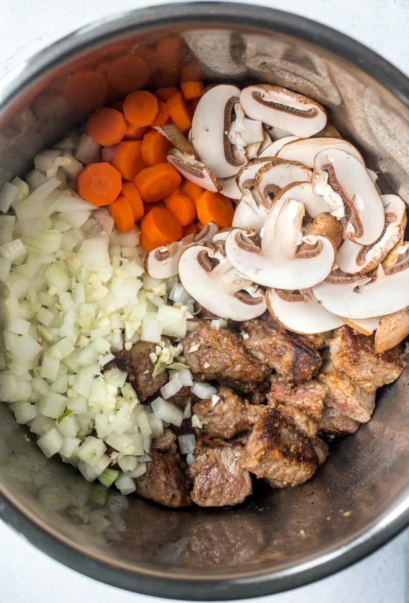 overhead shot of ingredients for beef bourguignon in the Instant Pot
