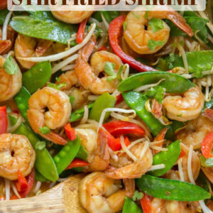 pinterest image for coconut curry stir fried shrimp