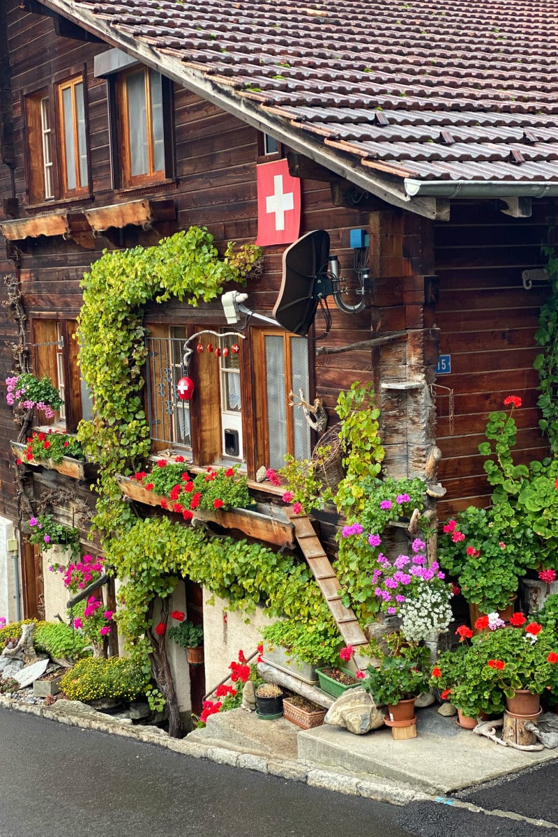 house in Brienz, Switzerland with greenery and flowers growing on it and displayed around it