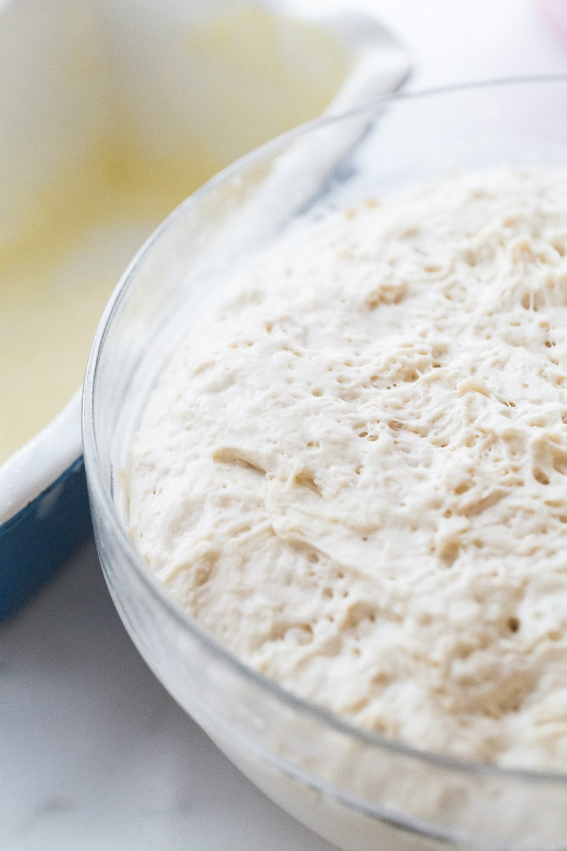Dough Rising for English Muffin Bread in a glass bowl