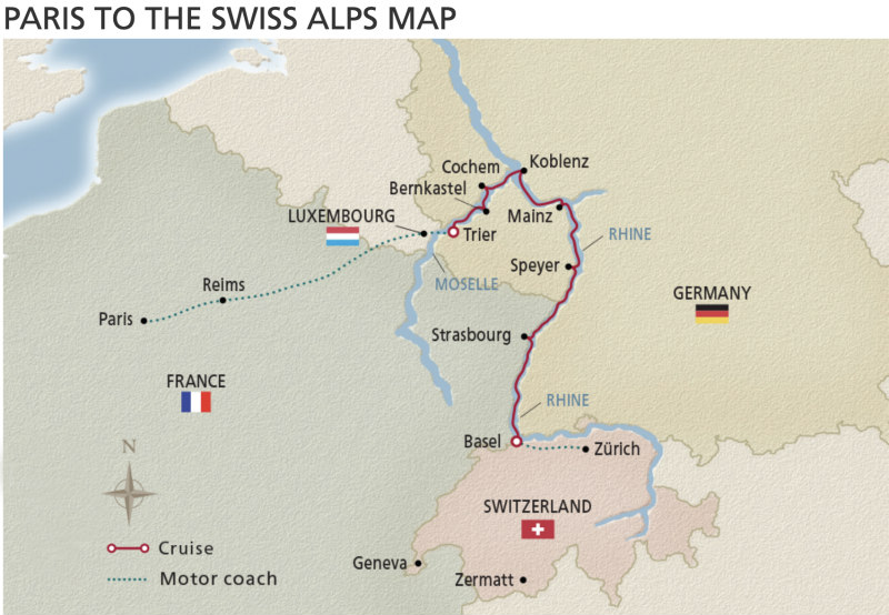 Viking River Cruises map of Paris to Swiss Alps