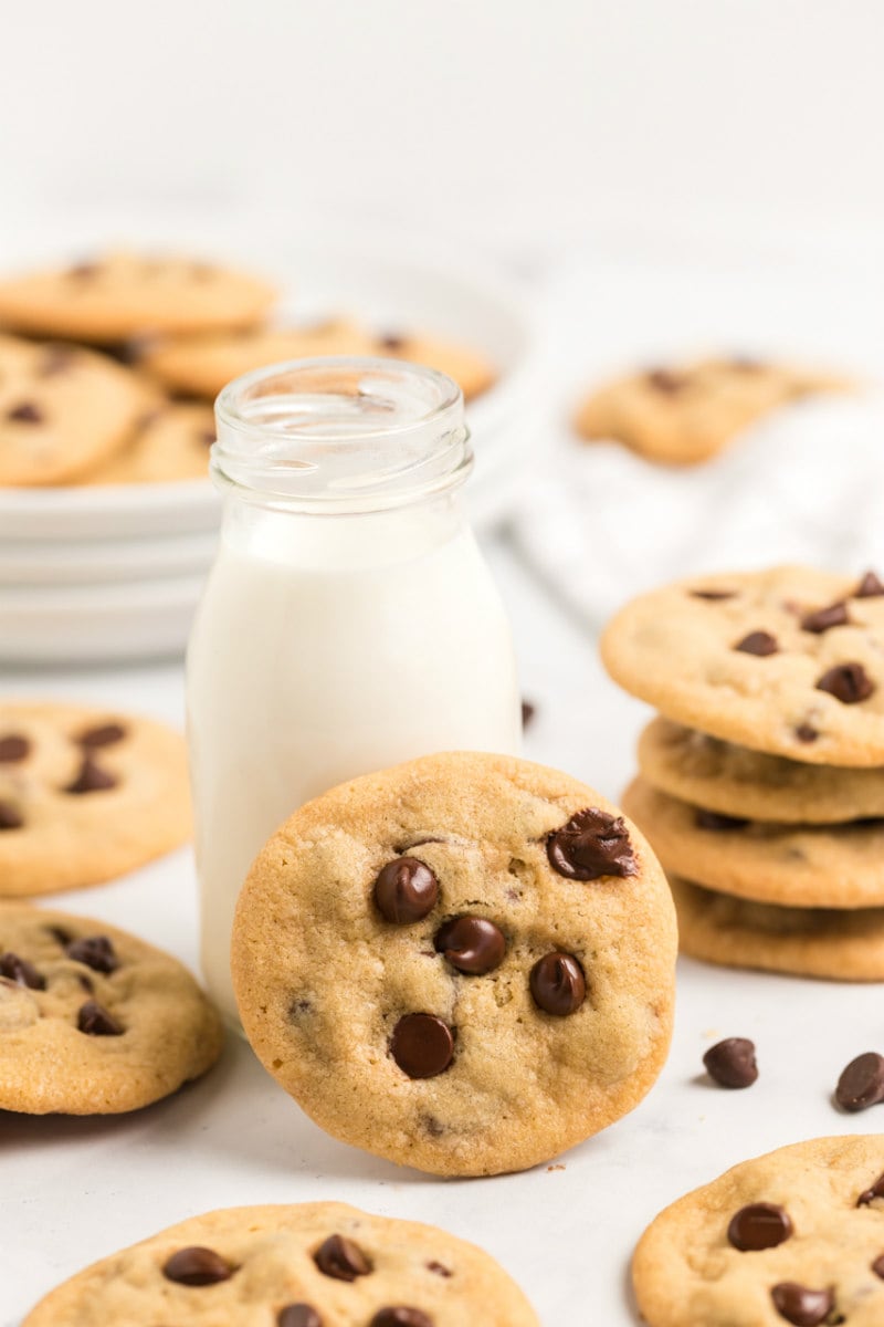 a glass of milk surrounded by chocolate chip cookies