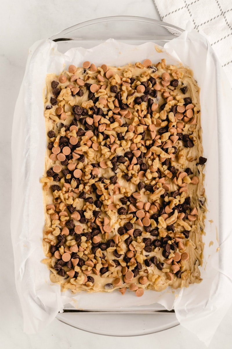 overhead shot of blondies with chocolate chips in a pan ready for the oven