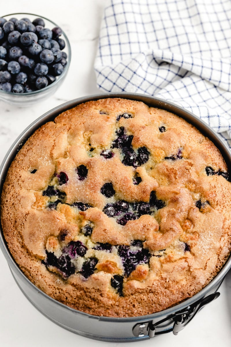 overhead shot of buttermilk blueberry cake in a pan with a white and gray plaid dishtowel and a bowl of fresh blueberries