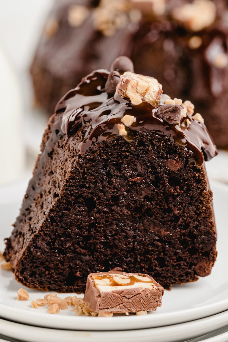 slice of chocolate cake on a white plate