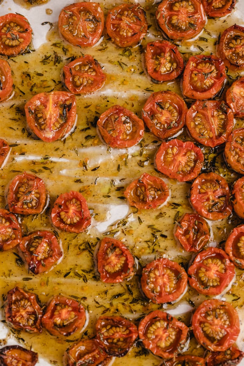 roasted cherry tomatoes on a baking sheet