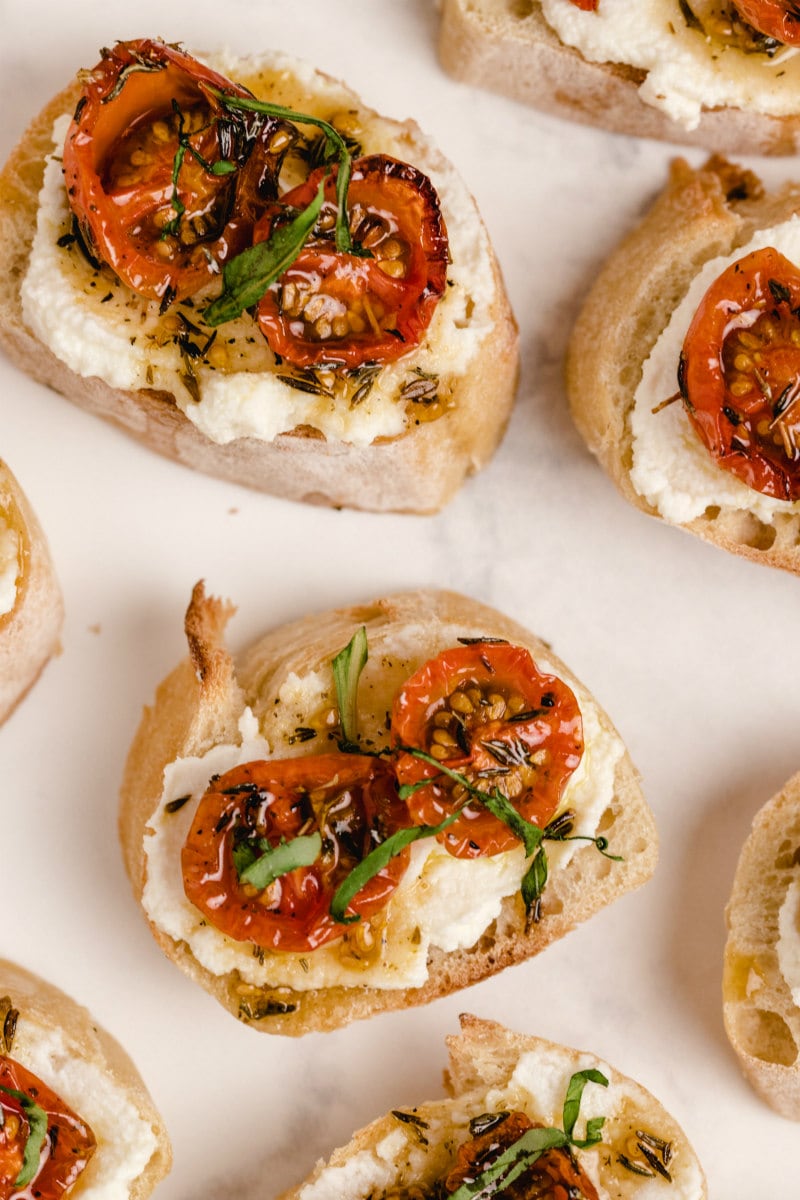 overhead shot over pieces of honey tomato bruschetta