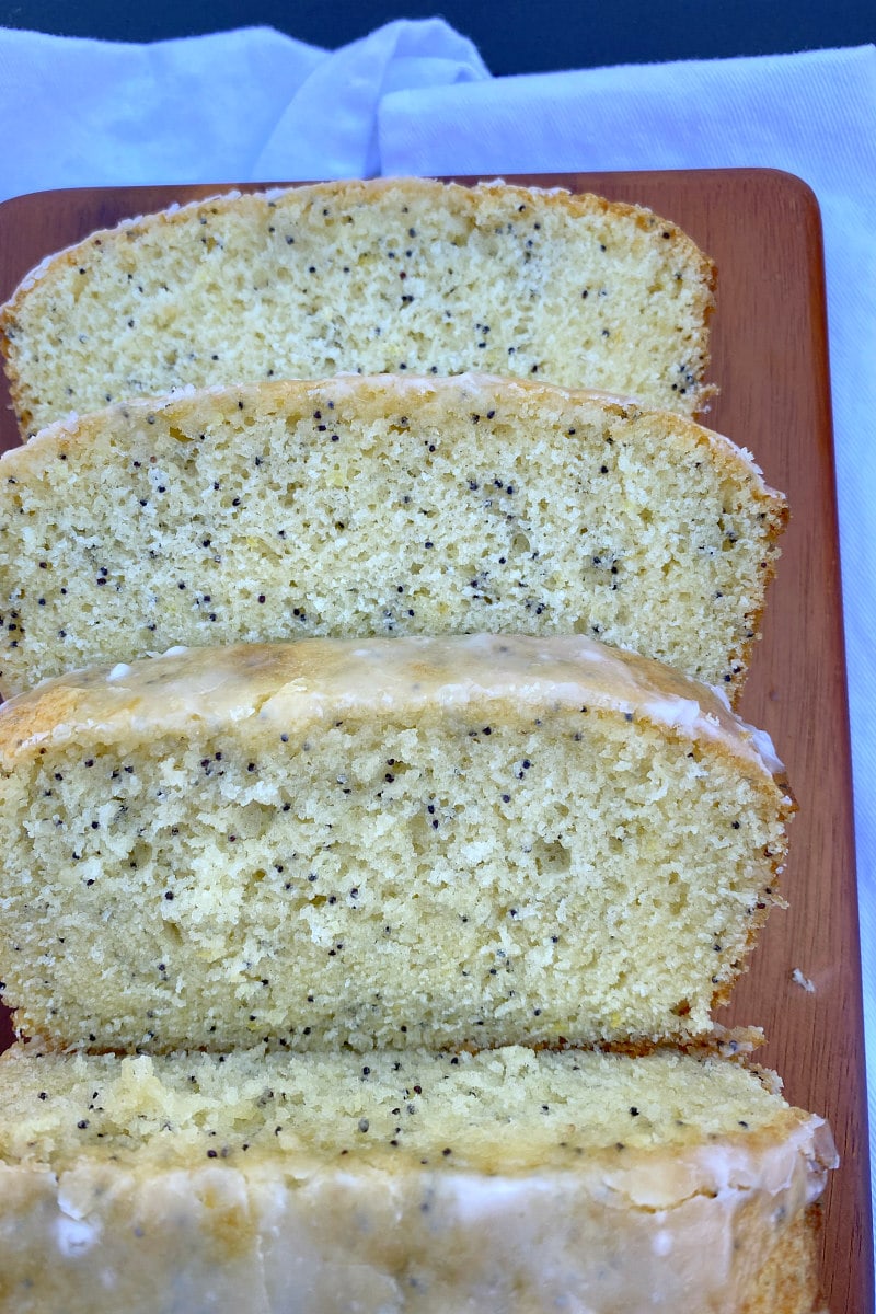 overhead shot of slices of lemon poppy seed bread