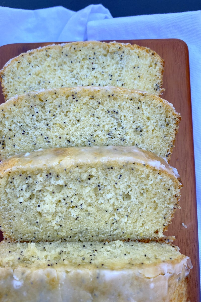 overhead shot of slices of lemon poppy seed bread