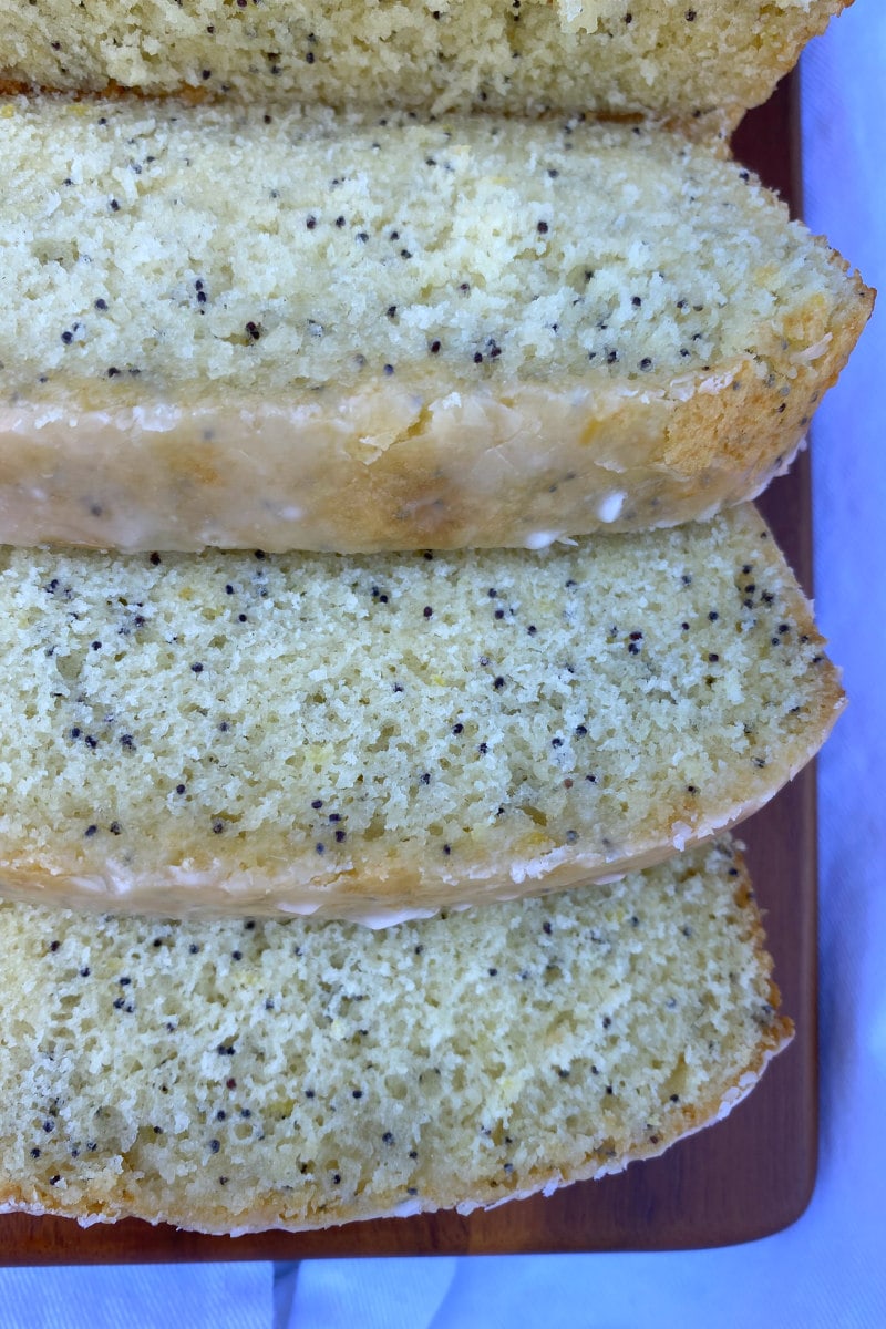 close up shot of slices of lemon poppy seed bread