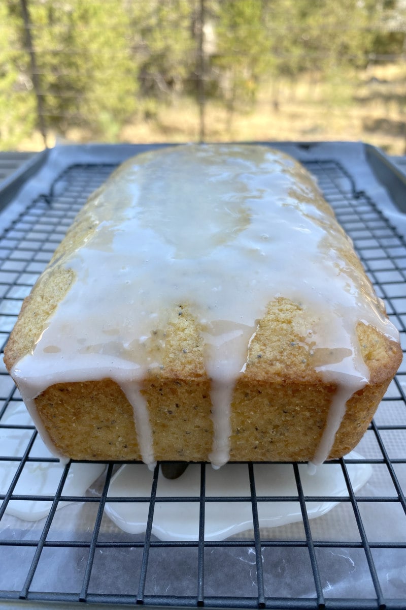 loaf of glazed lemon poppy seed bread on a rack in an outdoor setting