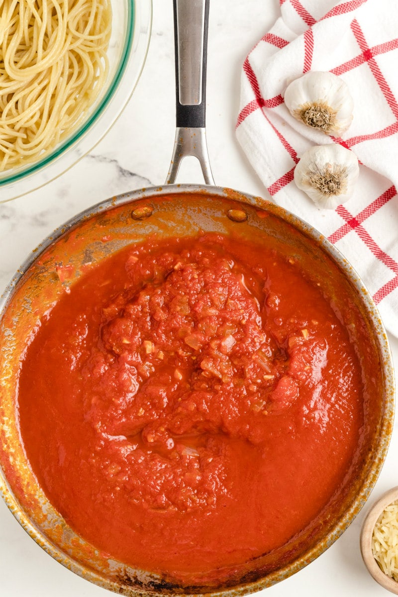 red pasta sauce in a skillet