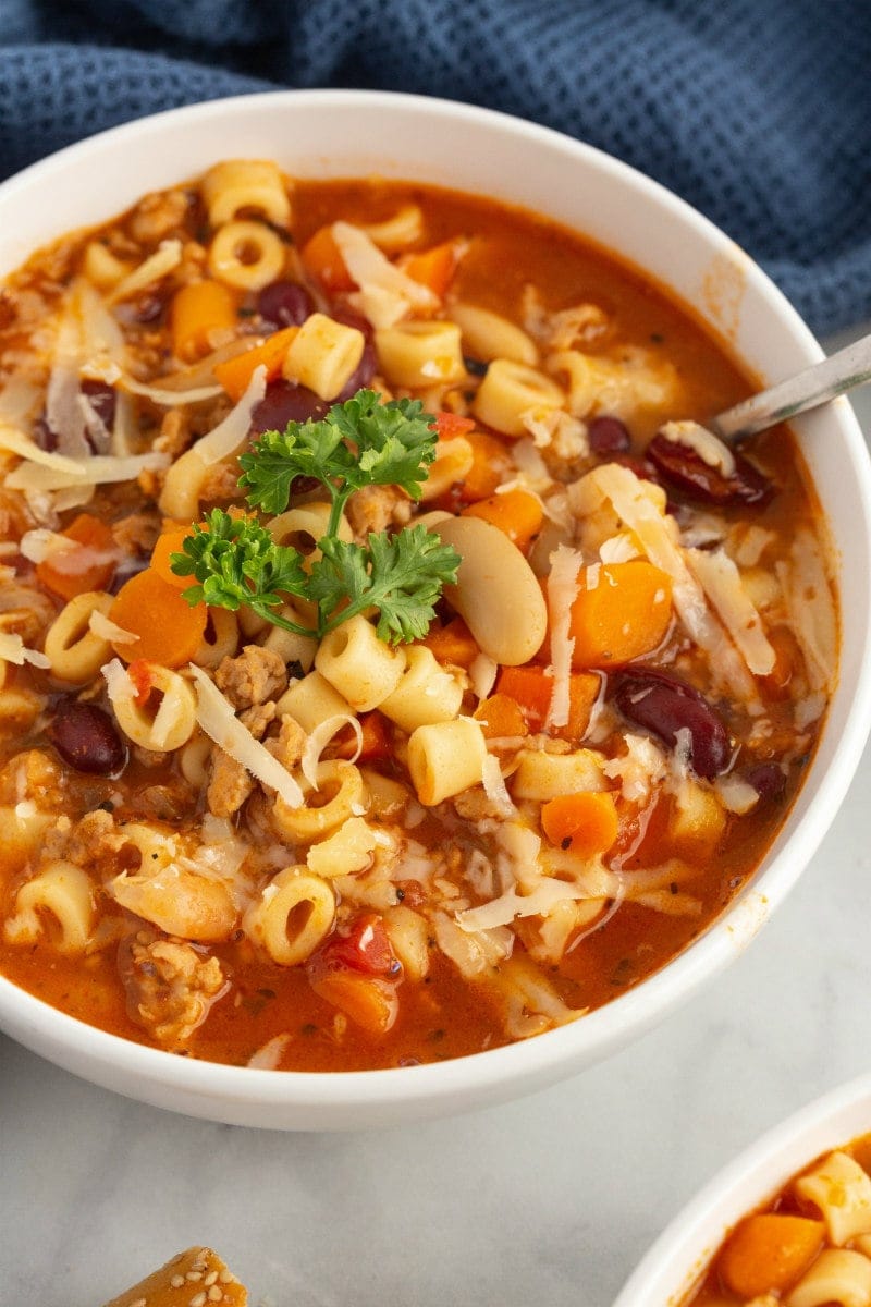 pasta e fagioli soup in white bowl