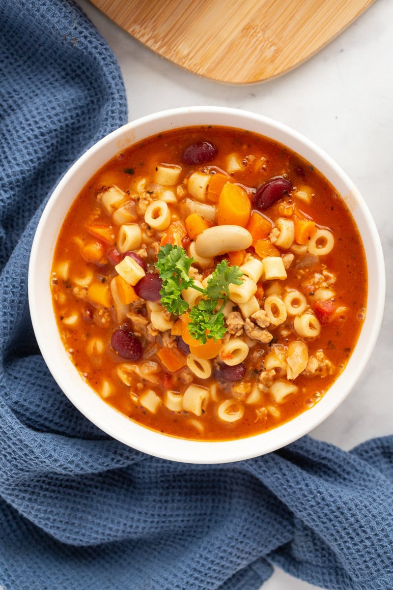 Pasta e Fagioli Soup in white bowl