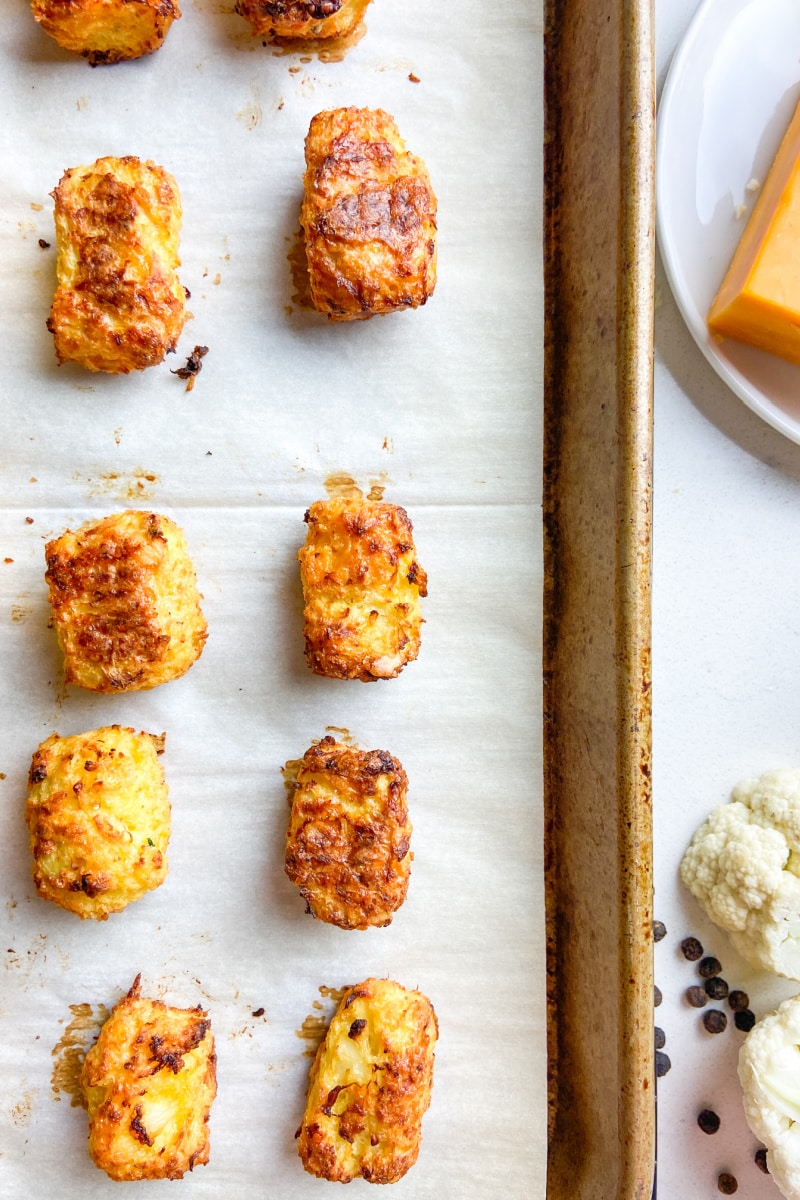 cauliflower tots on baking sheet