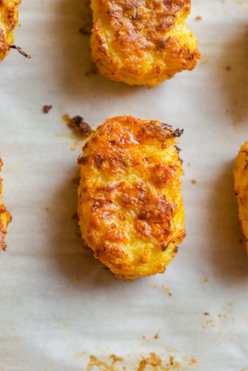 cauliflower tots on baking sheet