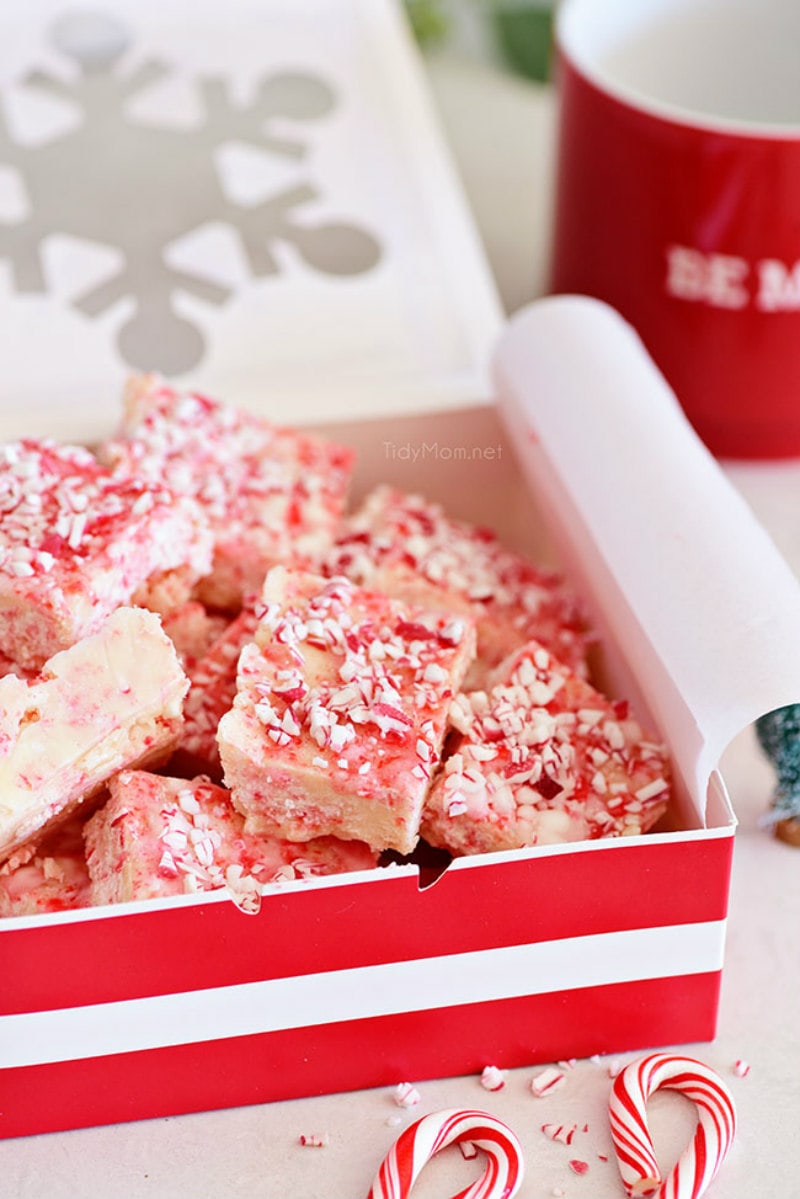 holiday box with peppermint fudge in it