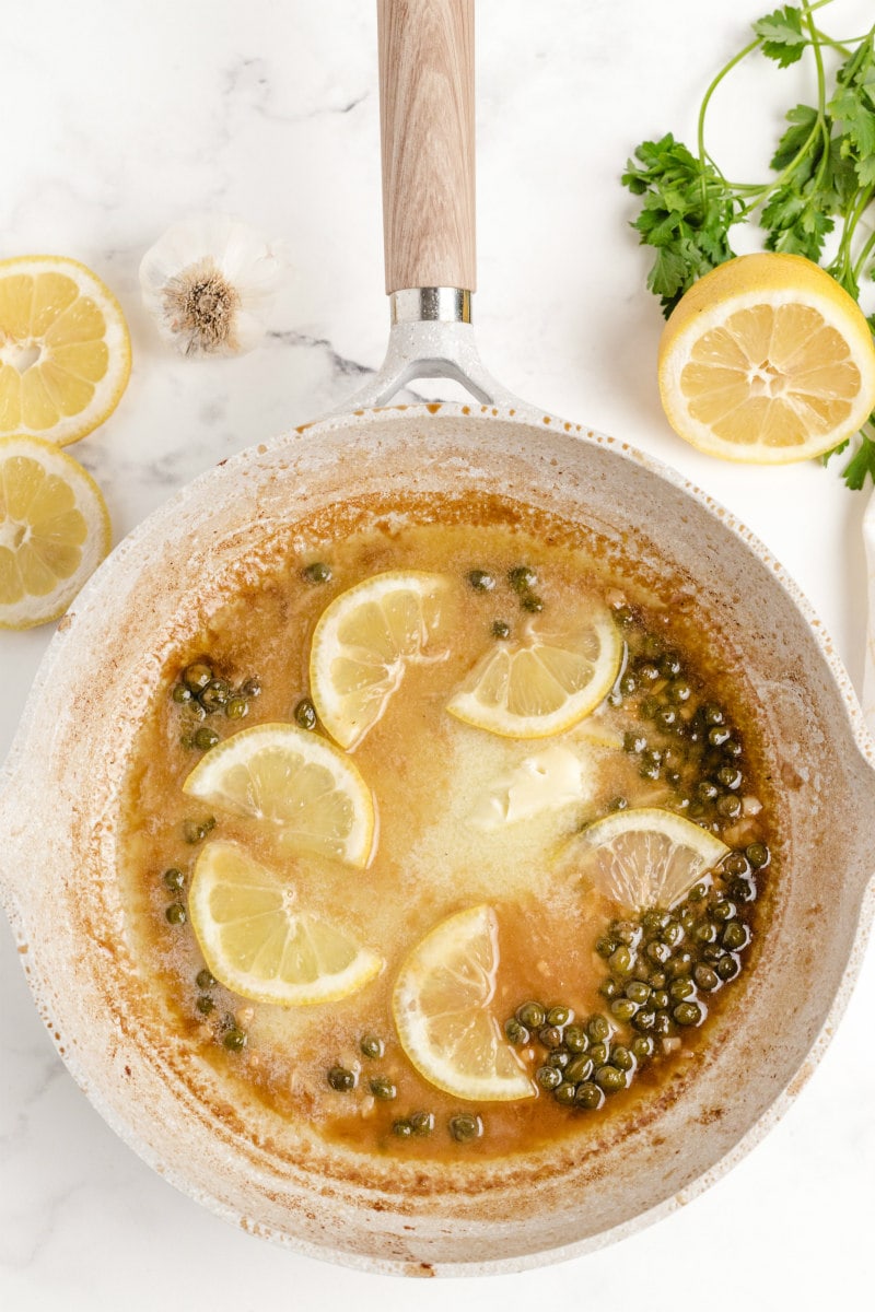 lemon caper sauce in skillet