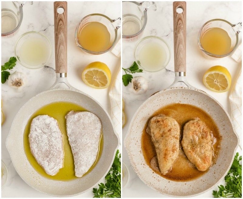 two pans showing process of making chicken piccata- sauteing and then done