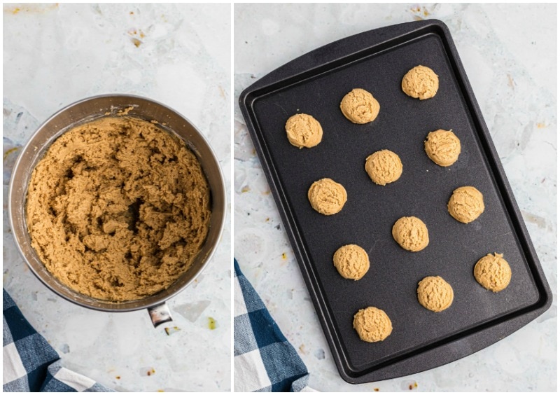 peanut butter cookie dough in bowl and cookie dough scooped onto baking sheet