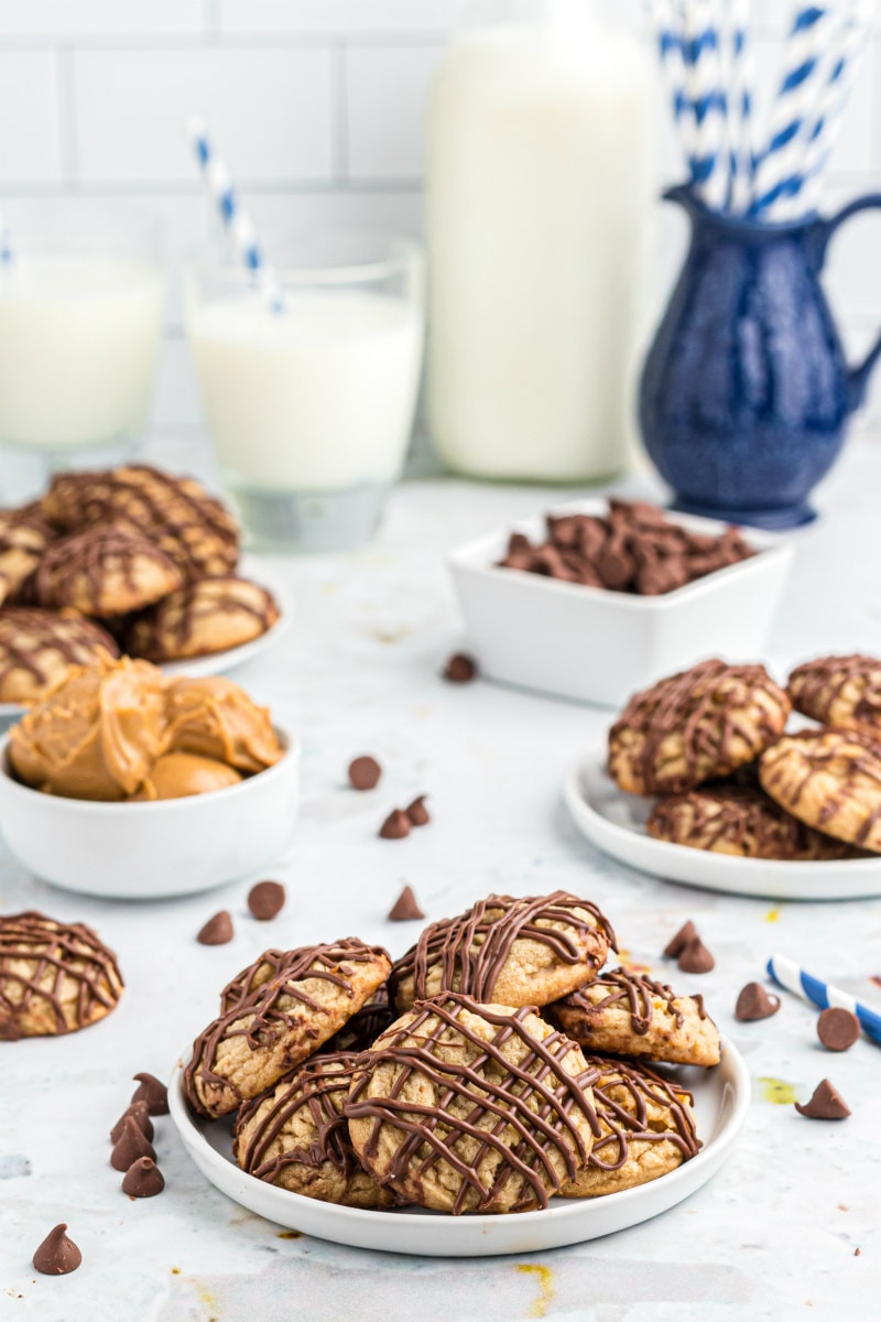 chocolate drizzled peanut butter cookies displayed on plates